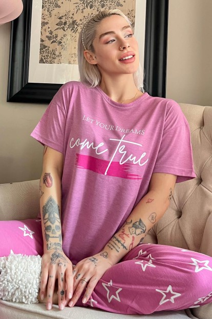 Gül Kurusu Come Baskılı Örme Kısa Kollu Kadın Pijama Takımı - 1