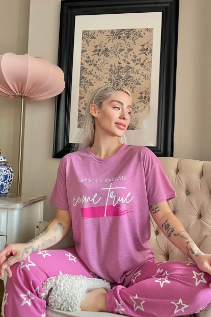 Gül Kurusu Come Baskılı Örme Kısa Kollu Kadın Pijama Takımı - 2