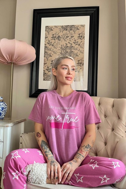 Gül Kurusu Come Baskılı Örme Kısa Kollu Kadın Pijama Takımı - 3