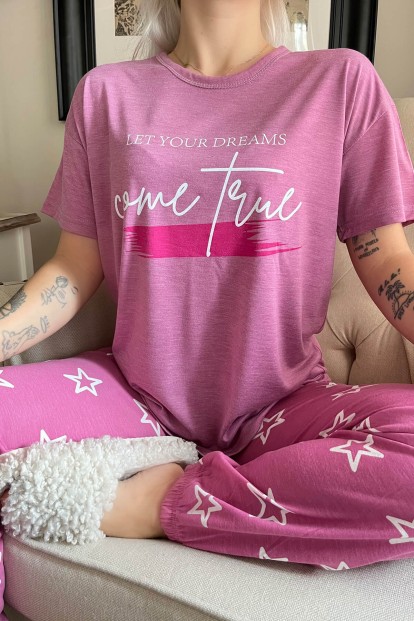 Gül Kurusu Come Baskılı Örme Kısa Kollu Kadın Pijama Takımı - 4