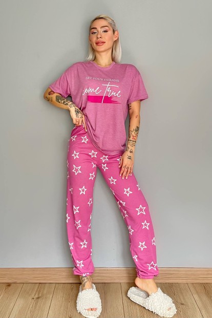 Gül Kurusu Come Baskılı Örme Kısa Kollu Kadın Pijama Takımı - 5