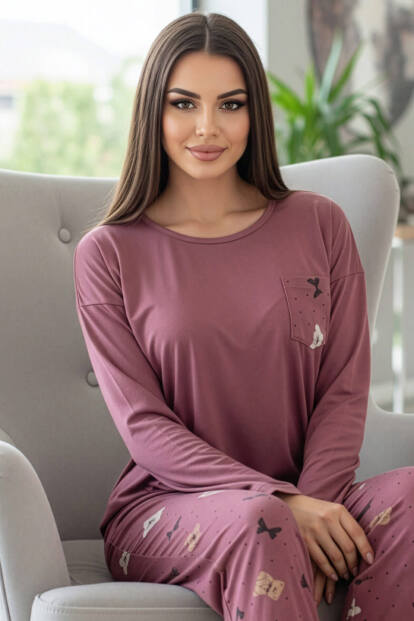 Gül Kurusu Cute Pattern Desenli Uzun Kollu Bambu Örme Kadın Pijama Takımı 