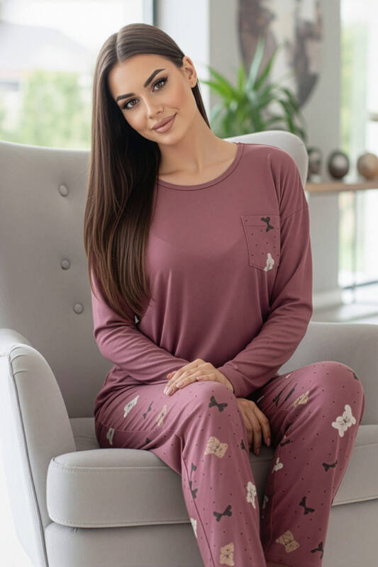 Gül Kurusu Cute Pattern Desenli Uzun Kollu Bambu Örme Kadın Pijama Takımı - Pijamaevi (2)