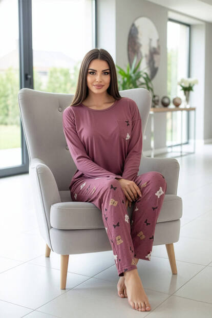 Gül Kurusu Cute Pattern Desenli Uzun Kollu Bambu Örme Kadın Pijama Takımı - 4