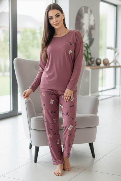 Gül Kurusu Cute Pattern Desenli Uzun Kollu Bambu Örme Kadın Pijama Takımı - 5