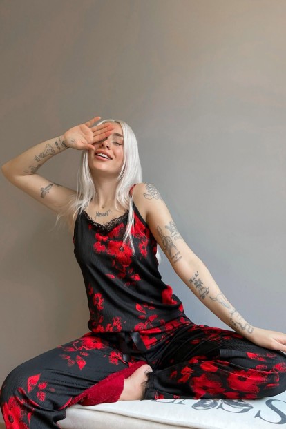 Gül Yaprağı Dantelli İp Askılı Örme Kadın Pijama Takımı - 2