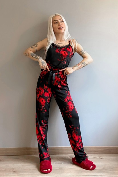 Gül Yaprağı Dantelli İp Askılı Örme Kadın Pijama Takımı - 5