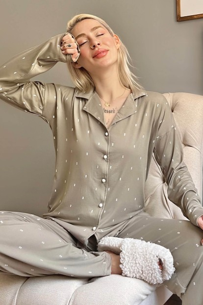 Haki Double Desenli Bambu Önden Düğmeli Kadın Pijama Takımı - 1