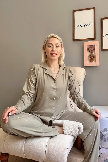 Haki Double Desenli Bambu Önden Düğmeli Kadın Pijama Takımı - 2