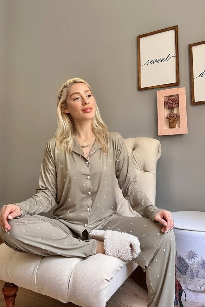 Haki Double Desenli Bambu Önden Düğmeli Kadın Pijama Takımı - 3