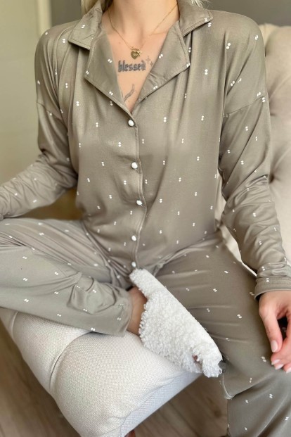 Haki Double Desenli Bambu Önden Düğmeli Kadın Pijama Takımı - 4