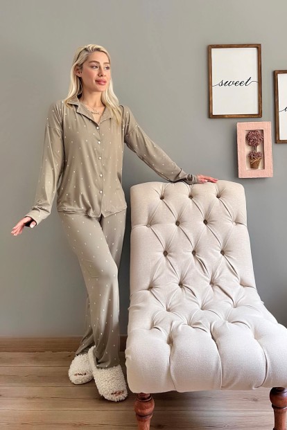 Haki Double Desenli Bambu Önden Düğmeli Kadın Pijama Takımı - 5