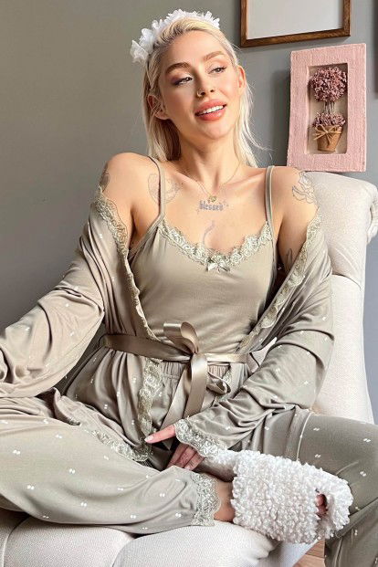 Haki Double Desenli Bambu Sabahlıklı Kadın Pijama Seti - 1