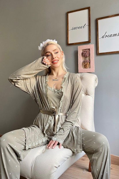 Haki Double Desenli Bambu Sabahlıklı Kadın Pijama Seti - 2