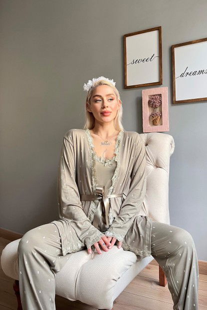 Haki Double Desenli Bambu Sabahlıklı Kadın Pijama Seti - 3