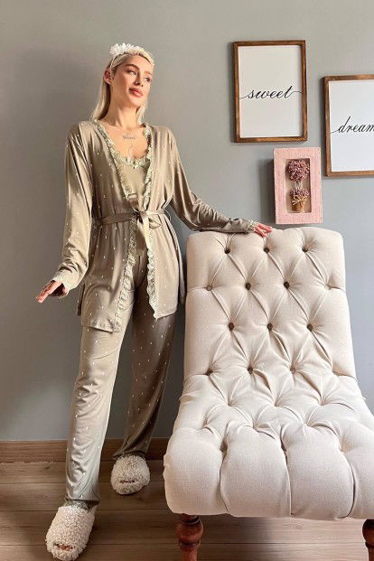 Haki Double Desenli Bambu Sabahlıklı Kadın Pijama Seti - 5