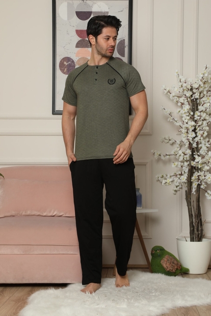 Haki Düğme Detaylı Kısa Kollu Erkek Pijama Takımı - 1