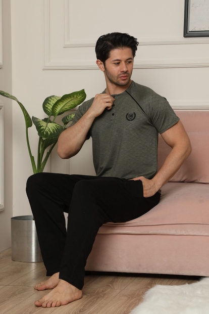 Haki Düğme Detaylı Kısa Kollu Erkek Pijama Takımı - 2