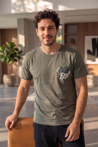 Haki Earth Desenli Kısa Kollu Şortlu Erkek Pijama Takımı - 6