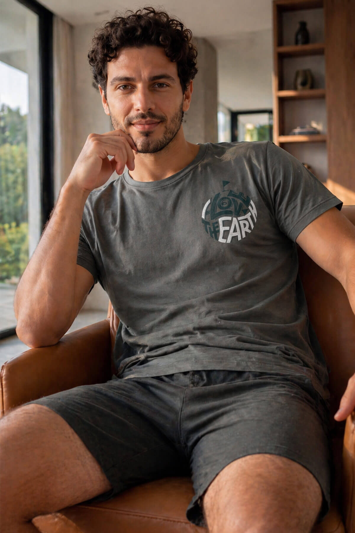 Haki Earth Desenli Kısa Kollu Şortlu Erkek Pijama Takımı - Pijamaevi