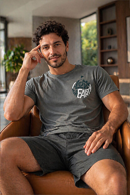 Haki Earth Desenli Kısa Kollu Şortlu Erkek Pijama Takımı - 3