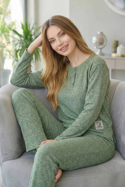 Haki Happy Desenli Uzun Kollu Seul Örme Kadın Pijama Takımı - 3