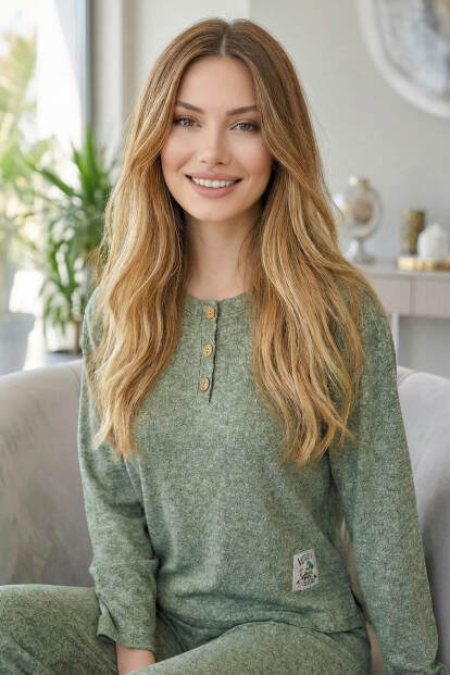 Haki Happy Desenli Uzun Kollu Seul Örme Kadın Pijama Takımı - 6