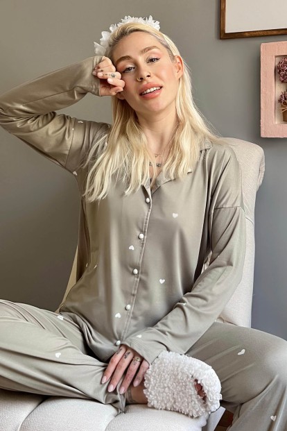 Haki Heart Desenli Bambu Önden Düğmeli Kadın Pijama Takımı - 1
