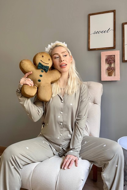 Haki Heart Desenli Bambu Önden Düğmeli Kadın Pijama Takımı - 2