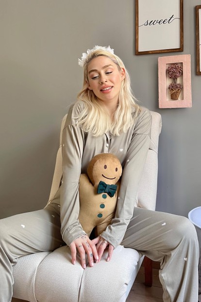 Haki Heart Desenli Bambu Önden Düğmeli Kadın Pijama Takımı - 3