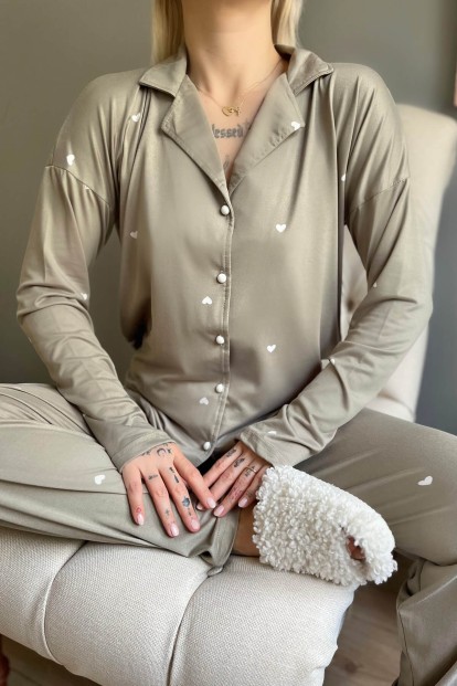 Haki Heart Desenli Bambu Önden Düğmeli Kadın Pijama Takımı - 4