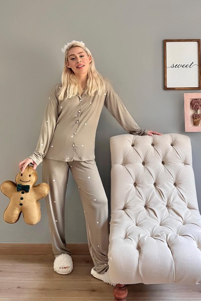 Haki Heart Desenli Bambu Önden Düğmeli Kadın Pijama Takımı - 5