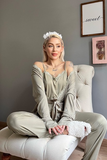 Haki Heart Desenli Bambu Sabahlıklı Kadın Pijama Seti - 2