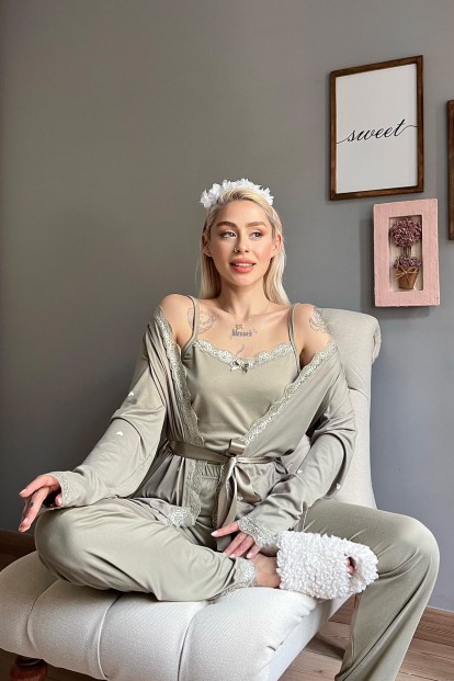 Haki Heart Desenli Bambu Sabahlıklı Kadın Pijama Seti - 3