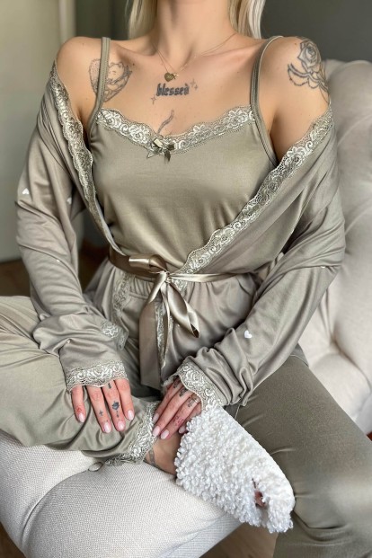 Haki Heart Desenli Bambu Sabahlıklı Kadın Pijama Seti - 4