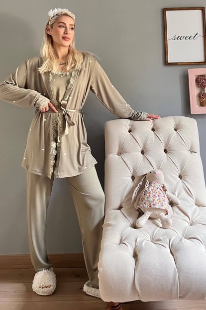 Haki Heart Desenli Bambu Sabahlıklı Kadın Pijama Seti - 5