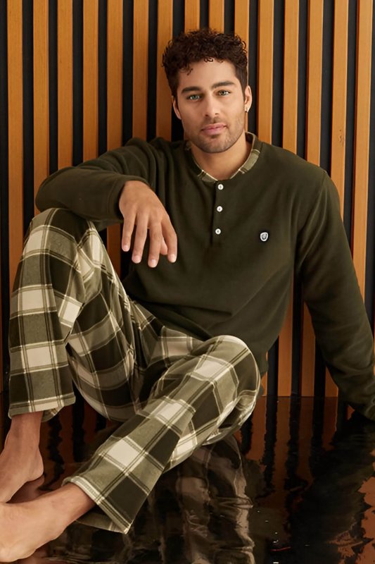 Haki Krem Ekose Desenli Polar Erkek Pijama Takımı - Pijamaevi