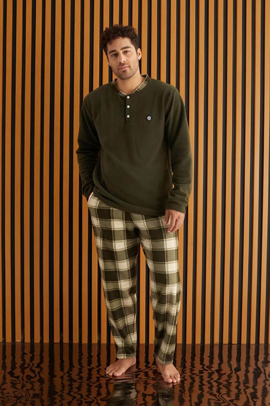 Haki Krem Ekose Desenli Polar Erkek Pijama Takımı - Pijamaevi (1)