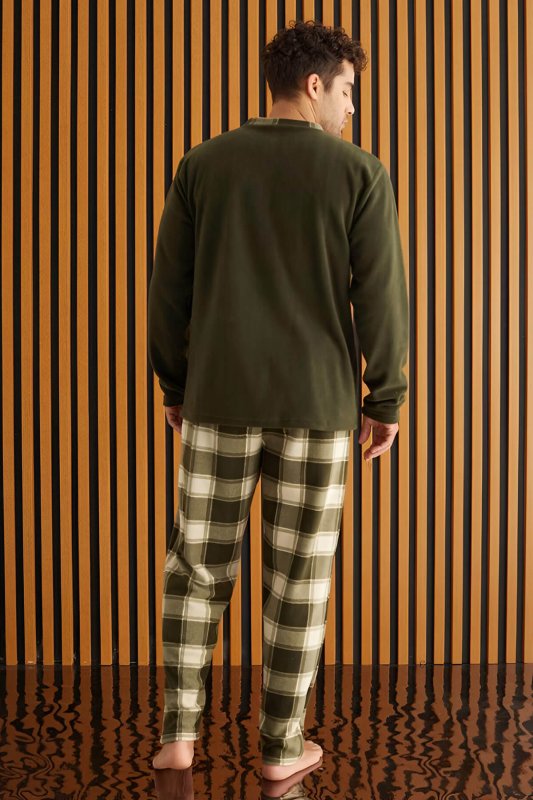 Haki Krem Ekose Desenli Polar Erkek Pijama Takımı - Pijamaevi (2)