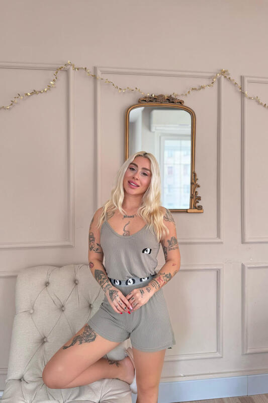 Haki Panda Charm Desenli Örme Ip Askı Şortlu Kadın Pijama Takımı - Pijamaevi (3)