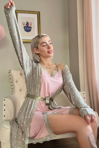 Haki Pembe Complex Desenli Sabahlıklı Gecelik Kadın Pijama Seti - 1