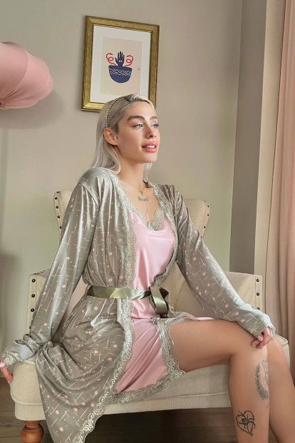 Haki Pembe Complex Desenli Sabahlıklı Gecelik Kadın Pijama Seti - 2