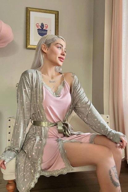 Haki Pembe Complex Desenli Sabahlıklı Gecelik Kadın Pijama Seti - 3