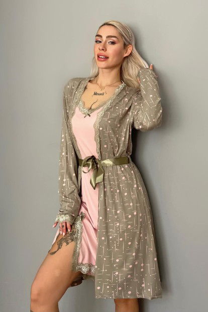 Haki Pembe Complex Desenli Sabahlıklı Gecelik Kadın Pijama Seti - 5