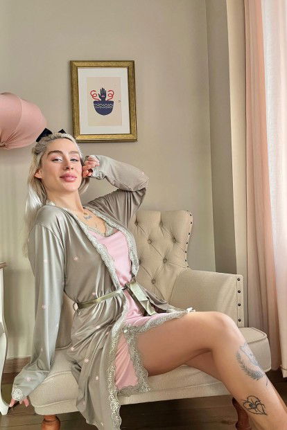Haki Pudra Sunlit Desenli Sabahlıklı Gecelik Kadın Pijama Seti - 2
