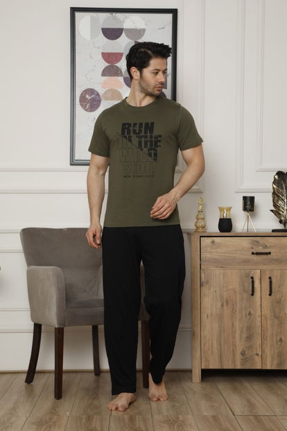 Haki Wild Baskılı Kısa Kollu Erkek Pijama Takımı - 1