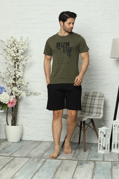 Haki Wild Baskılı Şortlu Kısa Kollu Erkek Pijama Takımı - 2