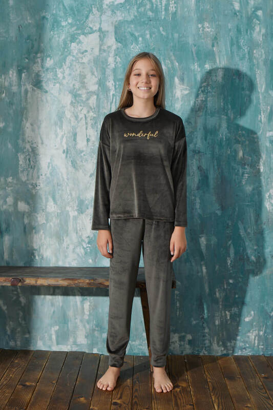 Haki Wonderful Desenli Exclusive Kadife Kız Çocuk Pijama Takımı  - Pijamaevi (2)