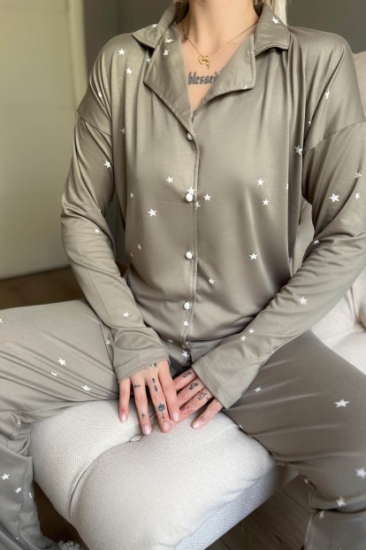 Haki Yıldız Desenli Bambu Önden Düğmeli Kadın Pijama Takımı - 4
