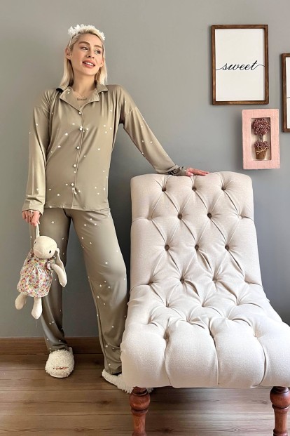 Haki Yıldız Desenli Bambu Önden Düğmeli Kadın Pijama Takımı - 5